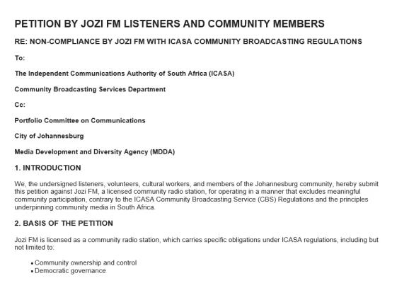 PETITION BY JOZI FM LISTENERS AND COMMUNITY MEMBERS RE: NON-COMPLIANCE BY JOZI FM WITH ICASA COMMUNITY BROADCASTING REGULATIONS